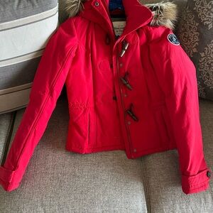 Abercrombie & Fitch Vibrant Red Kids Puffer with Fur Hood